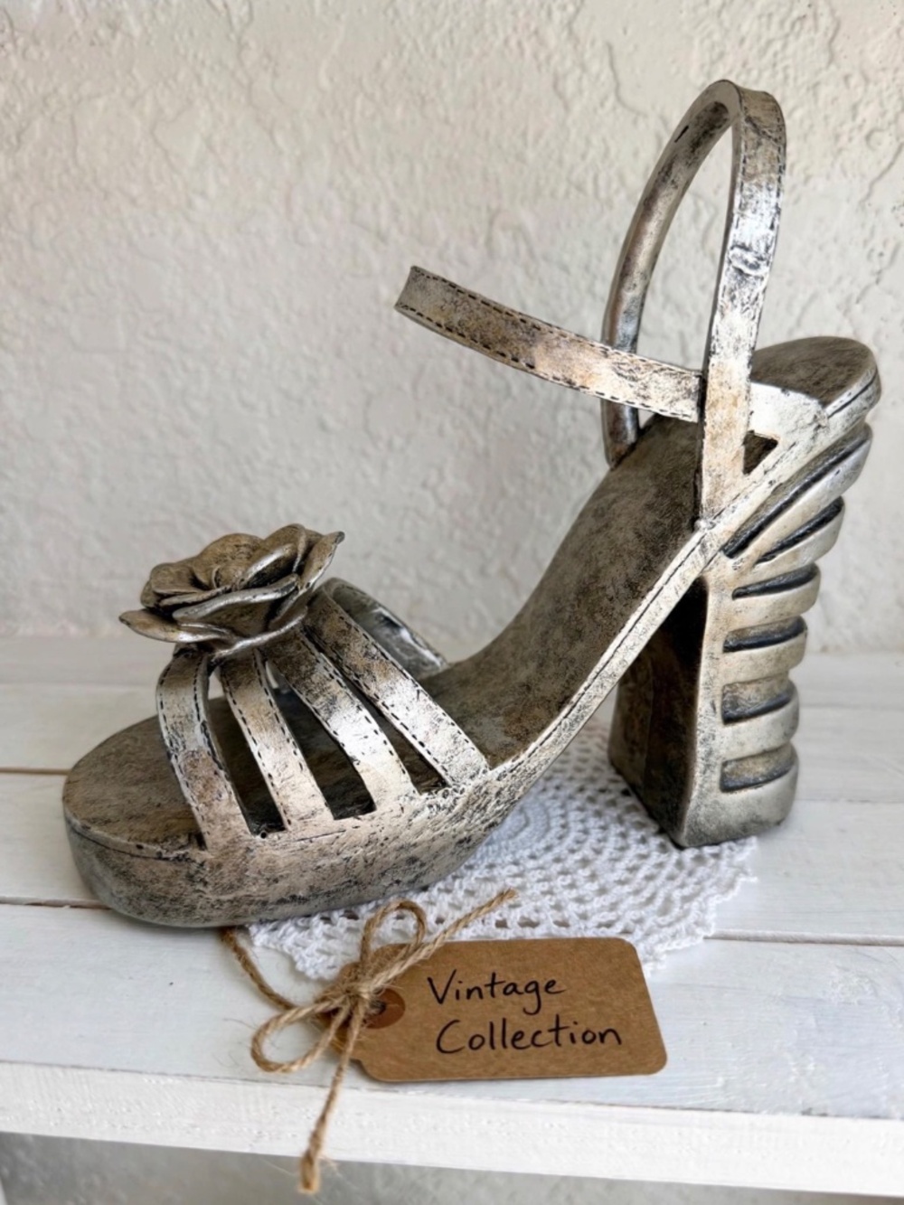 Miniature Vintage Silver High Heel Shoe Decor